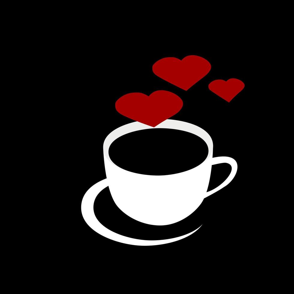 taza de café caliente con corazones icono de línea de vapor rojo sobre fondo negro. vector