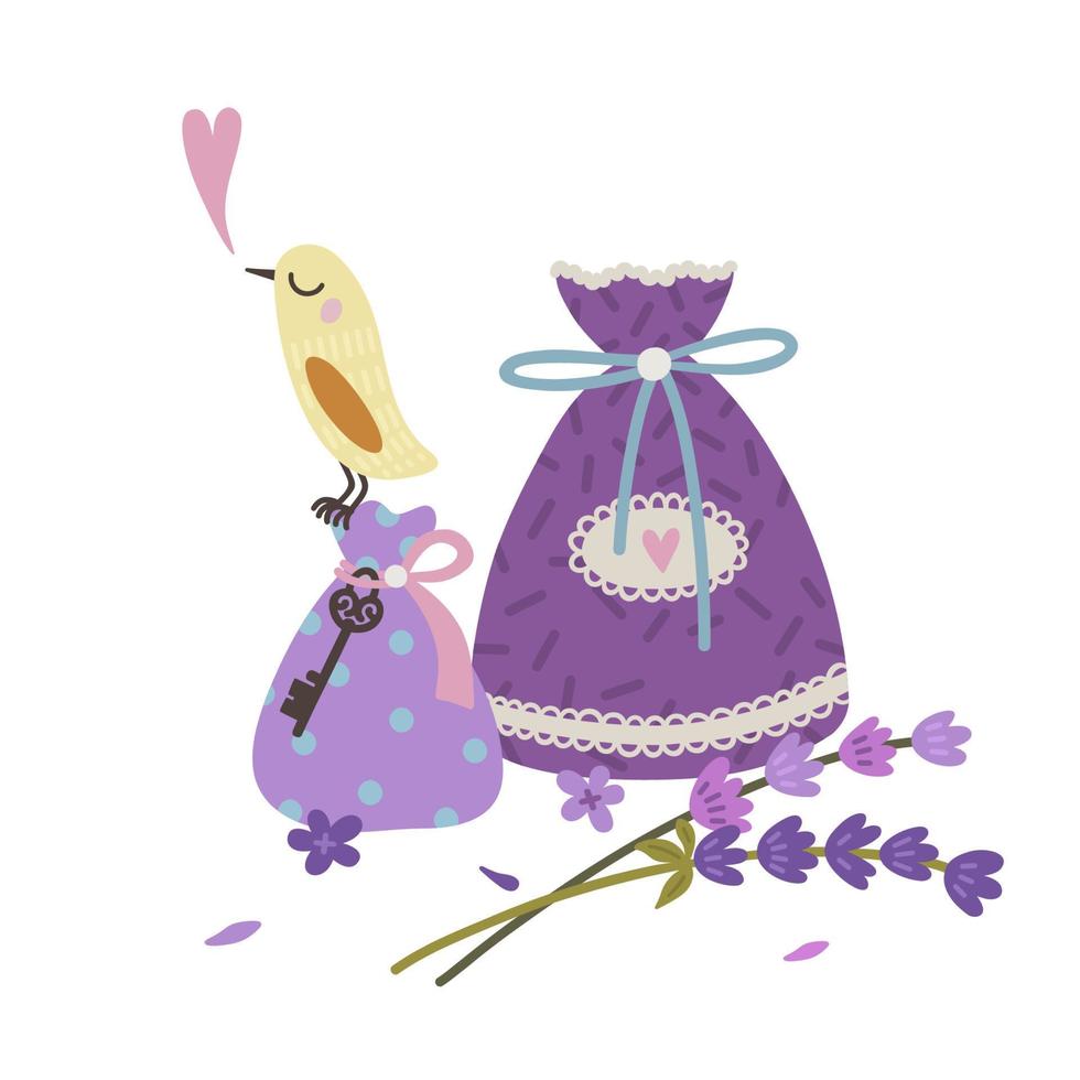 Lavender pouches and bird vector