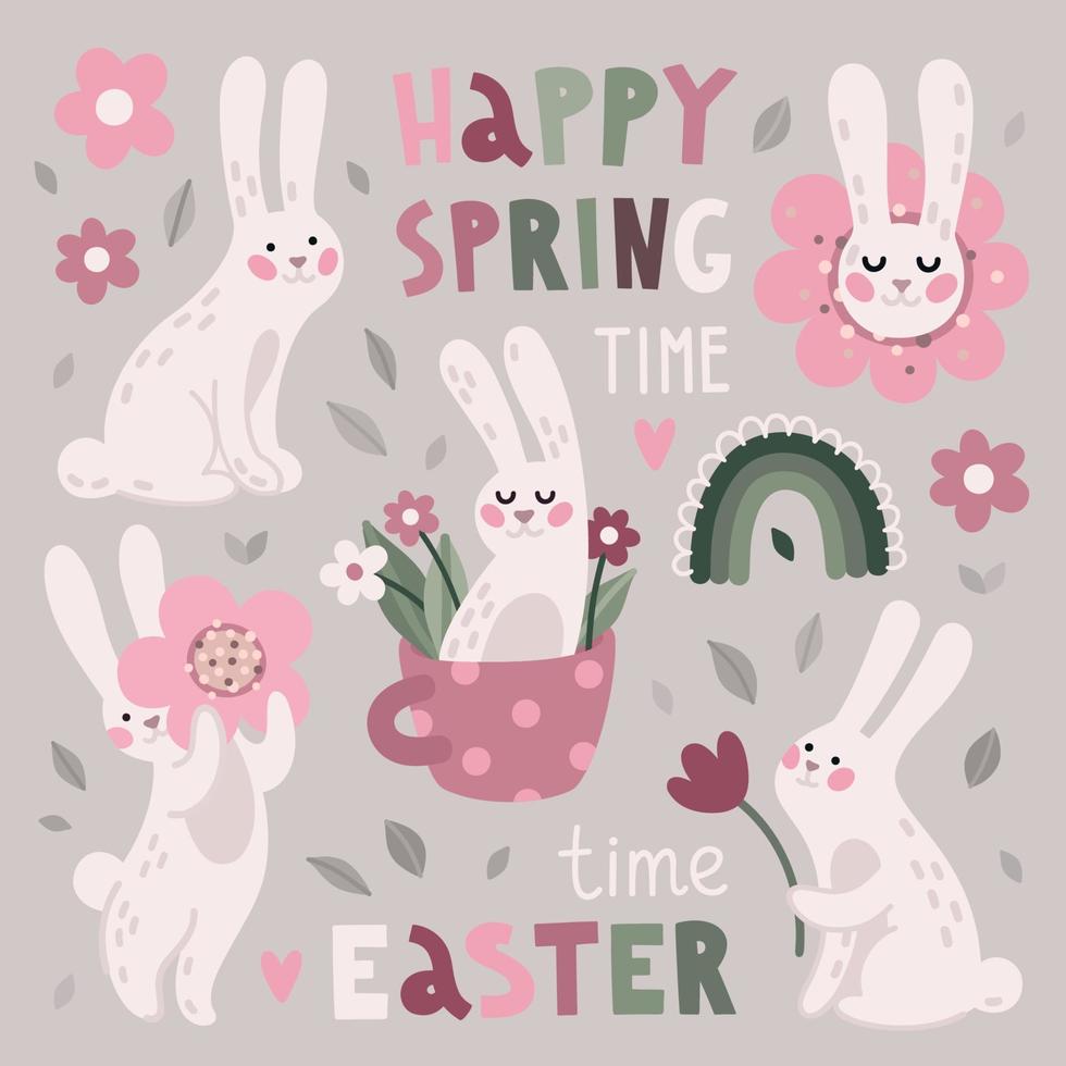 Bunny spring easter set vector