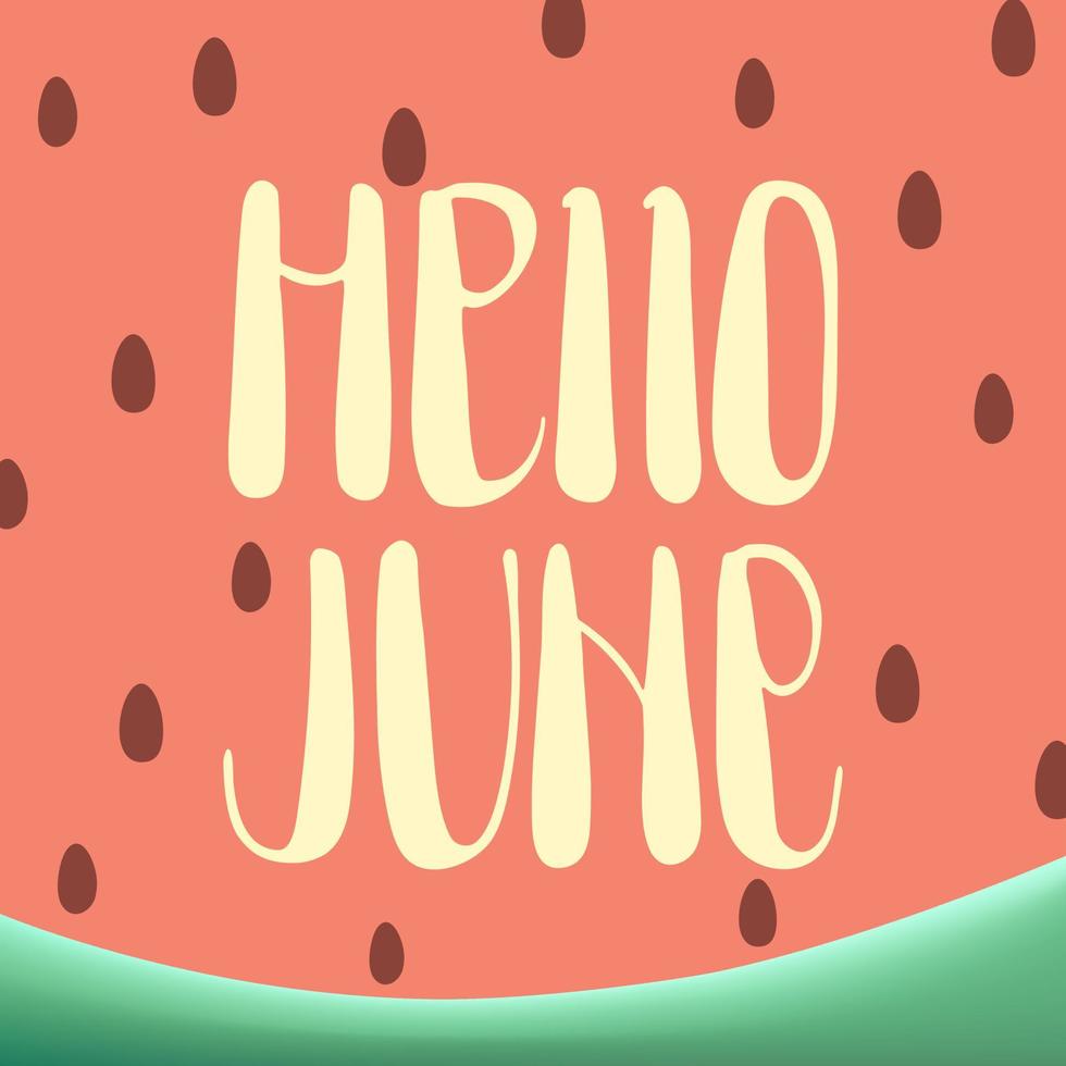 Hello June hand written phrase with leave illustration on pale pink background. Brush lettering greeting card. Summer design template. vector