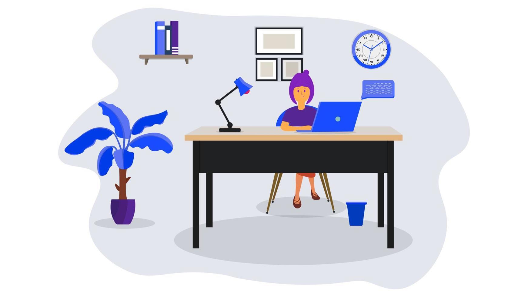 Woman with laptop, studying or working concept. Table with books, lamp , tree. Vector illustration design