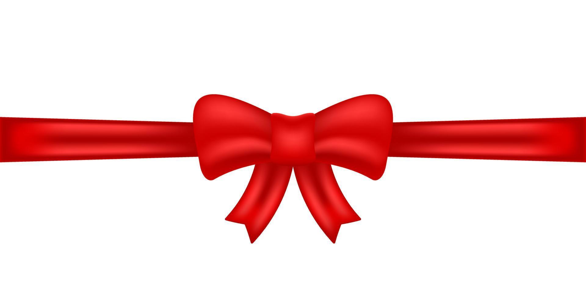 Realistic Red Satin Ribbon and Bow on White Background. Red Bow Template for Greeting Card or Brochure. Satin Tape Knot, Strip for Gift Package on Christmas. Vector Illustration.