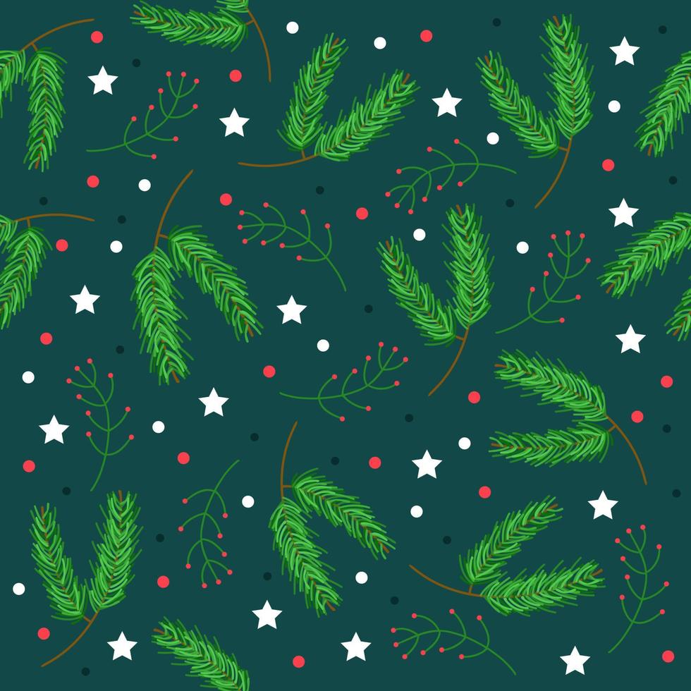 Christmas tree green branches, red berries in seamless pattern background. Fir,spruce design element for backdrop,wallpaper,wrap. vector