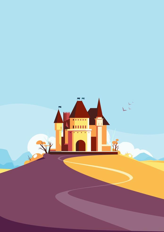 Castle on the hill in autumn season. Landscape with medieval building in portrait format. vector