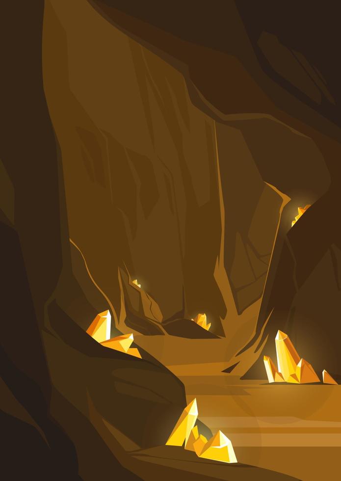 Cave with orange crystals. Underground location in portrait format. vector