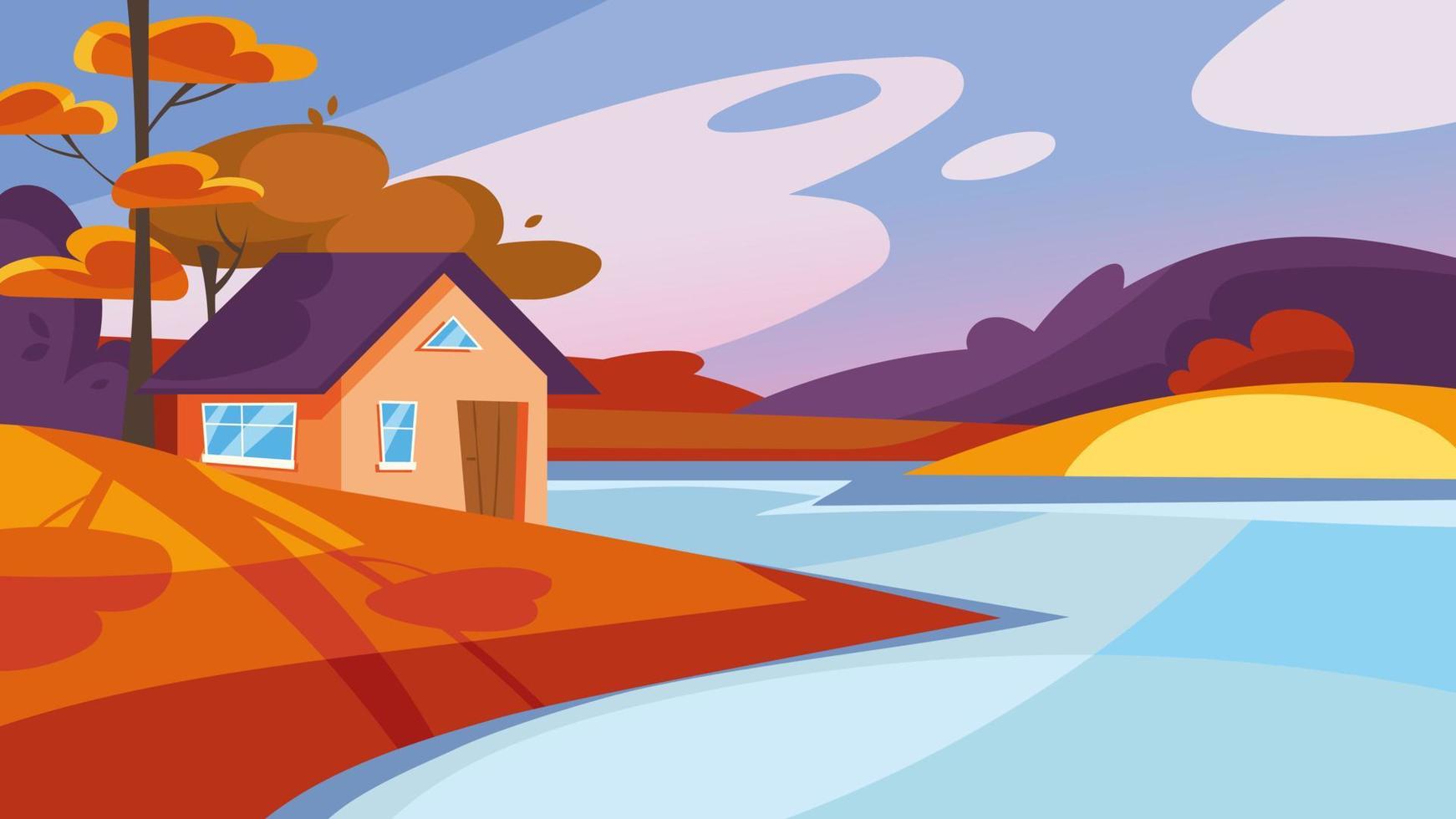 House on the lake in autumn season. vector