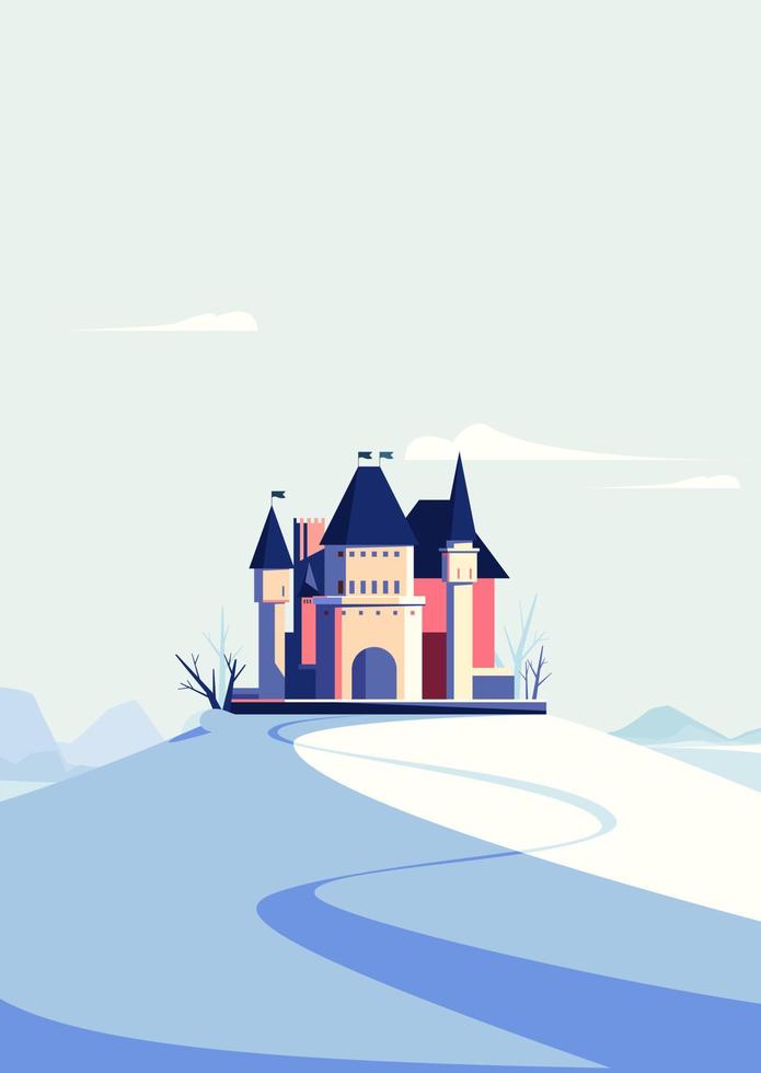 Castle on the hill in winter season. Landscape with medieval building in portrait format. vector