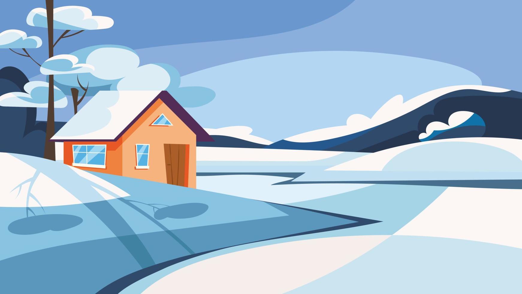 House on the lake in winter season. vector