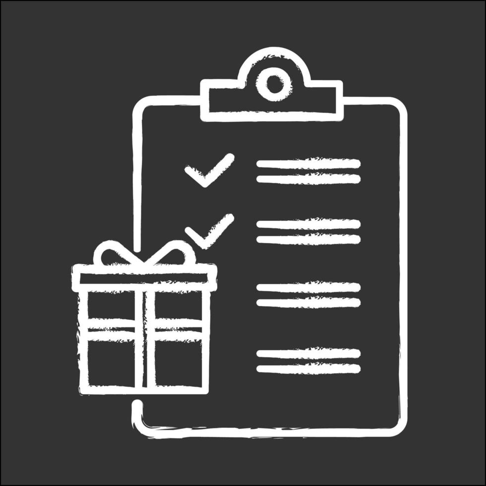 icono de tiza de la lista de regalos. comprando regalos. Mercancías y consumismo. buscando regalos para las vacaciones. organización de celebración de fiestas. escribir lista de deseos. ilustración de pizarra de vector aislado