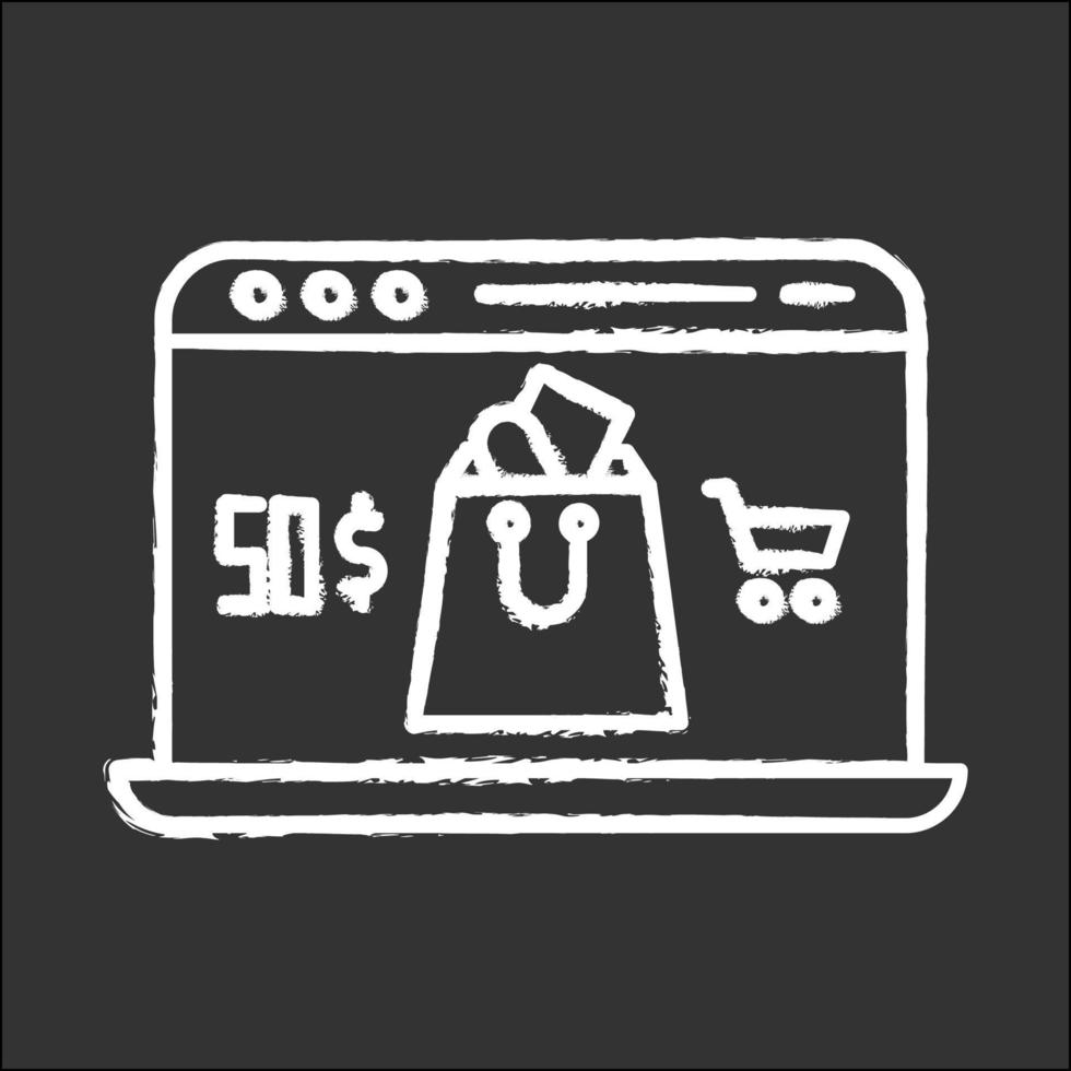 Online store app chalk icon. Laptop screen with shopping bag. Choosing and adding goods to basket. Doing purchases in internet shop. Digital commerce. Isolated vector chalkboard illustration