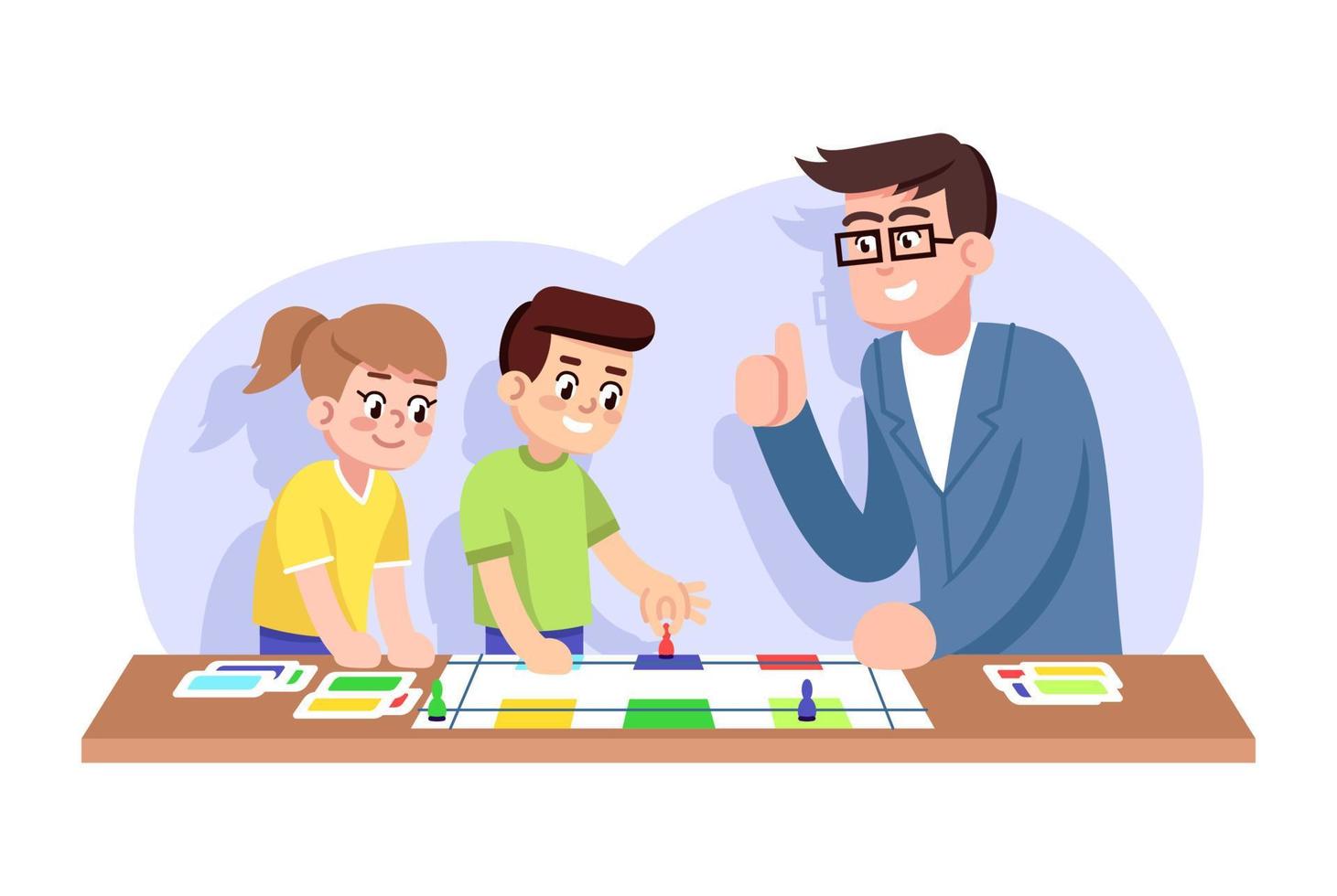 Children and teacher play educational board game flat vector illustration. Interest club for kids. Leisure together. Happy childhood. Boy, girl and father at gameboard cartoon characters