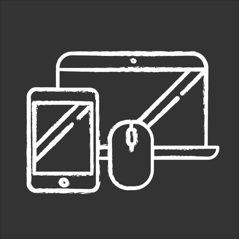 Electronics and accessories chalk icon. Smartphone and laptop. Computers and other devices. E commerce department, online shopping categories. Isolated vector chalkboard illustration