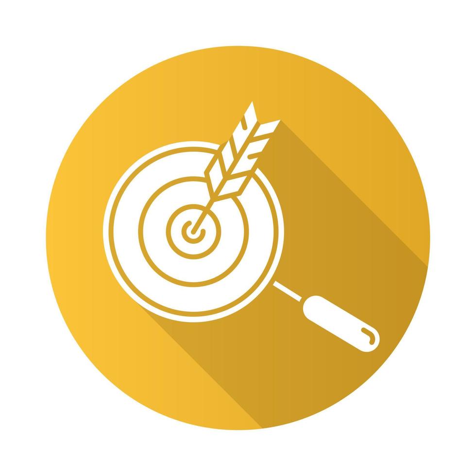 Choose niche yellow flat design long shadow glyph icon. Arrow hit target. Search and goal achievement. Customer attraction strategy. Target advertising. Vector silhouette illustration