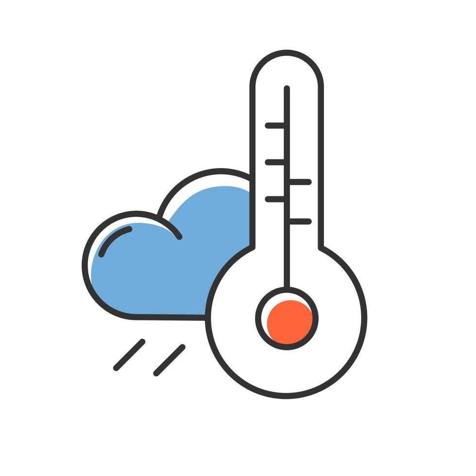 Weather forecast blue color icon. Meteorological observations. Atmospheric conditions. Rain and air temperature. Cloud and thermometer. Climate features. Isolated vector illustration