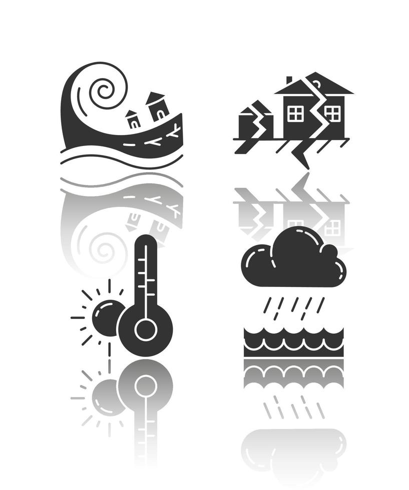 conjunto de iconos de glifo negro de sombra de desastre natural. riesgos geológicos y atmosféricos. tsunami, terremoto, aguacero, pronóstico del tiempo. cambios climáticos globales. ilustraciones de vectores aislados