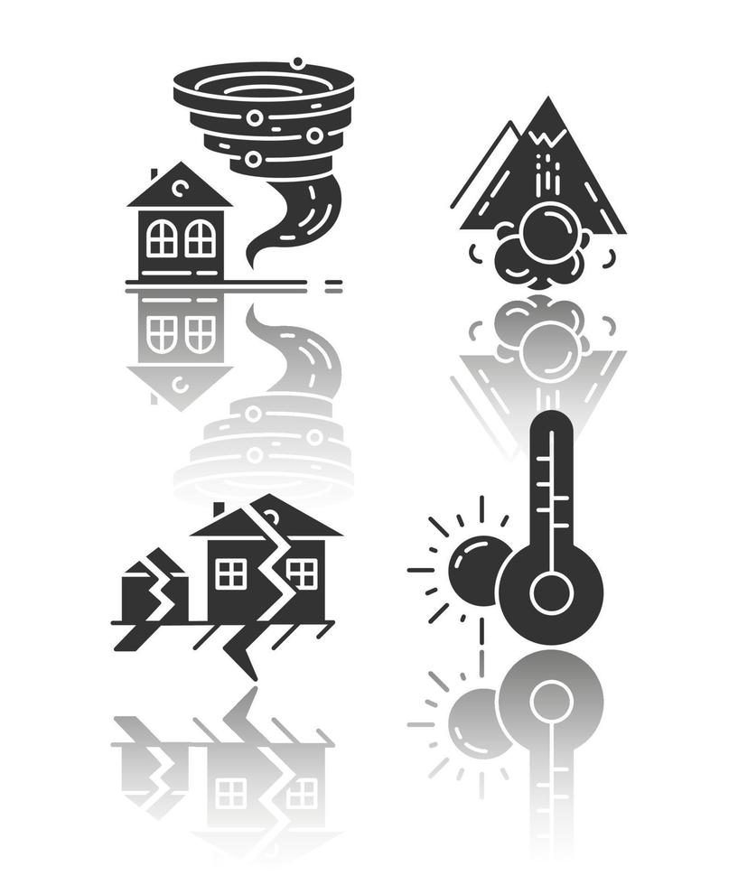 Natural disaster drop shadow black glyph icons set. Weather forecast, avalanche, tornado, earthquake. Insurance case. Extreme events. Destructive force of nature. Isolated vector illustrations