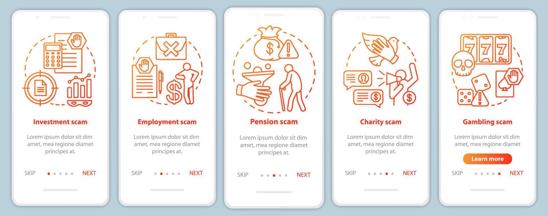 Scam types onboarding mobile app page screen vector template. Walkthrough website steps with linear illustrations. Investment and employment fraud. UX, UI, GUI smartphone interface concept