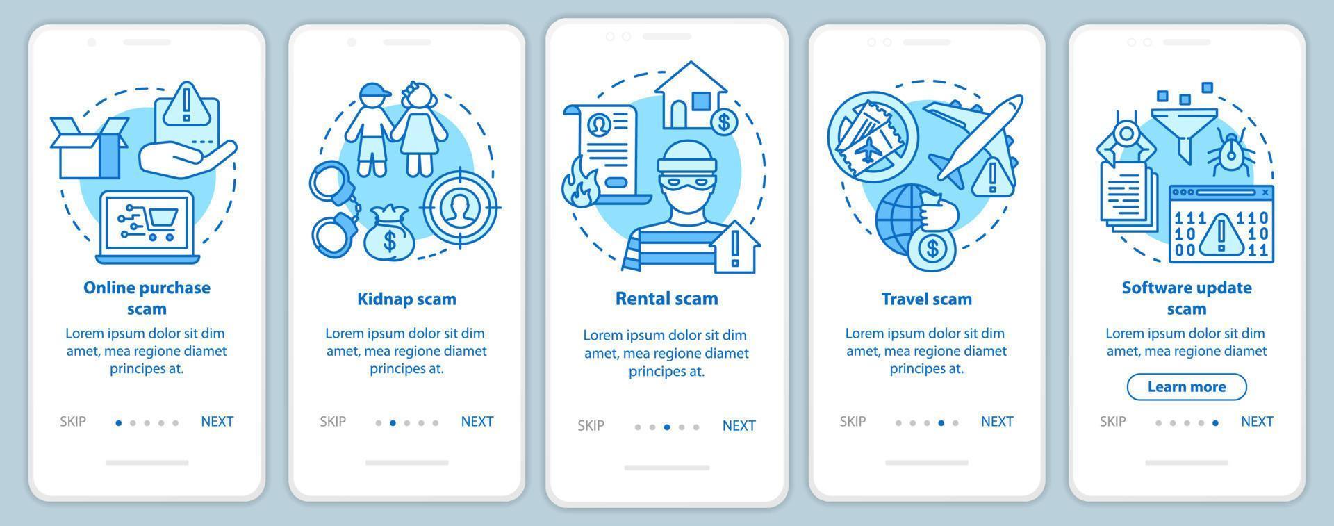 Scam types onboarding mobile app page screen with linear concepts. Online purchase and rental fraud. Five walkthrough steps graphic instructions. UX, UI, GUI vector template with illustrations