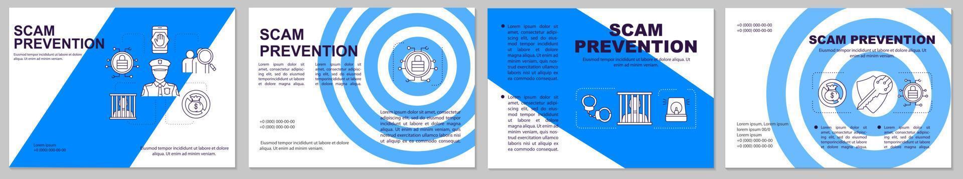 Scam prevention blue brochure template. Fraud protection flyer, booklet, leaflet design with linear illustrations. Stopping illegal actions. Vector page layouts for magazines, advertising posters