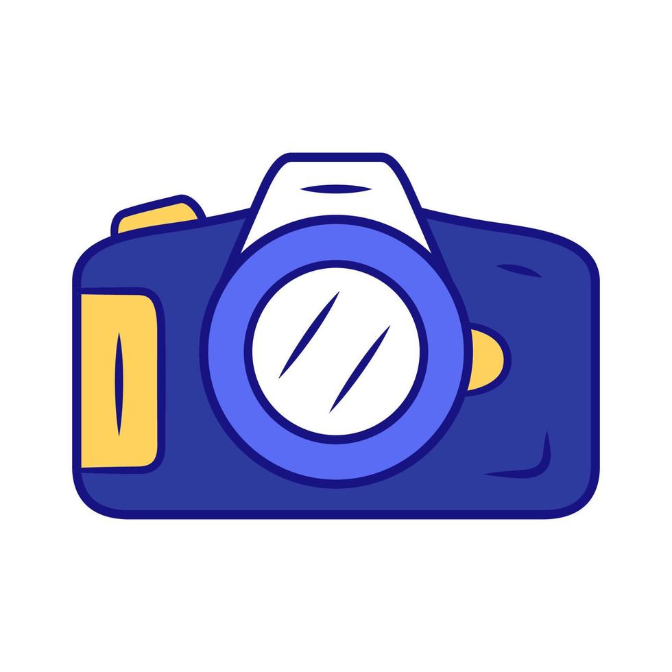 Photo camera blue color icon. Professional photocamera. Making snapshots, taking pictures device. Photographing equipment. Photographer, reporter tool. Isolated vector illustration