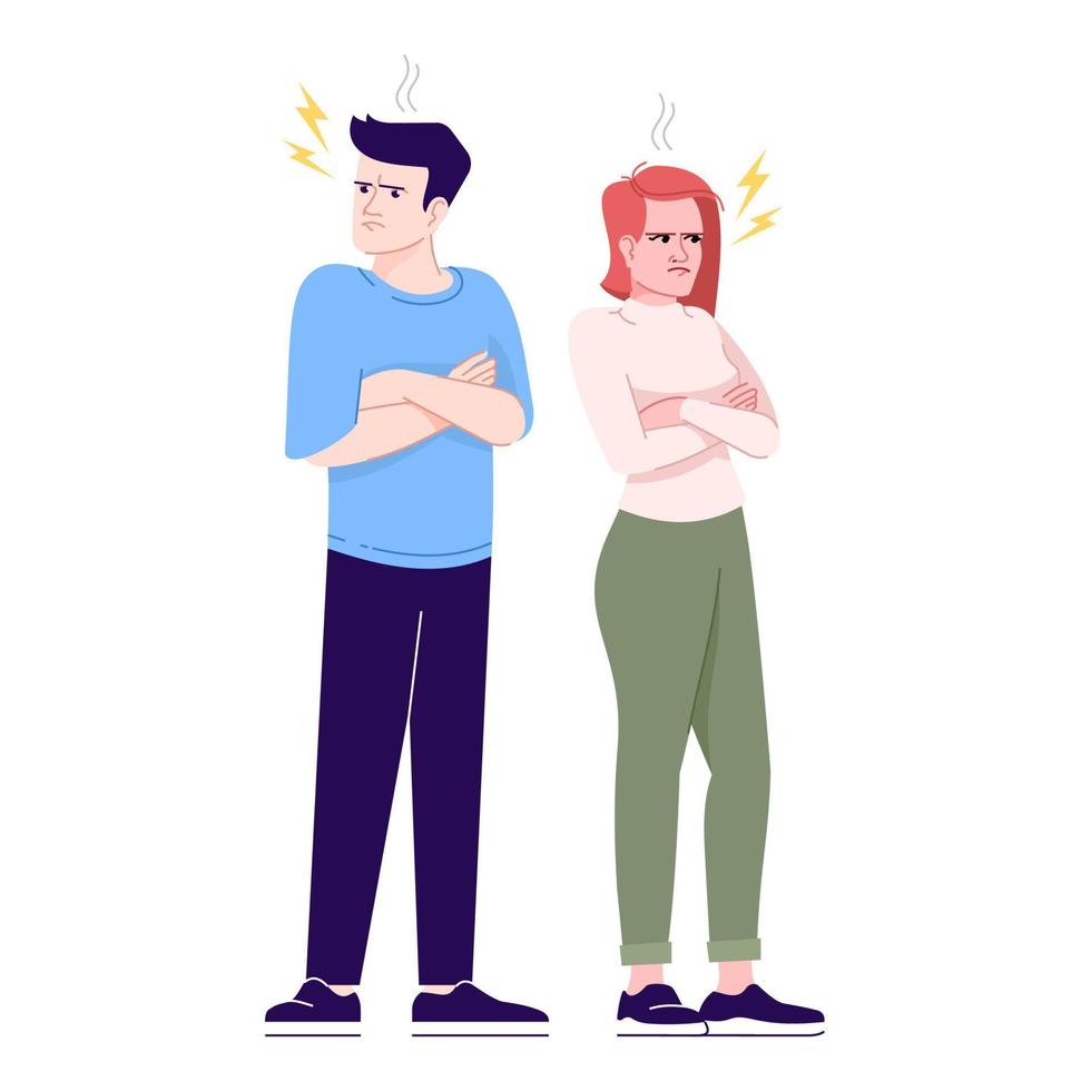 ilustración de vector plano de pelea de pareja. crisis de relación. hombre y mujer enojados y ofendidos después de pelea pelean personajes de dibujos animados aislados con elementos de contorno sobre fondo blanco