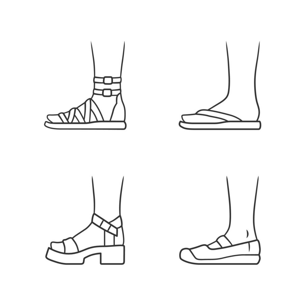 Conjunto de iconos lineales de zapatos de verano para mujer. calzado femenino elegante formal y casual. sandalias de gladiador, tacones de plataforma. trazo editable. símbolos de contorno de línea delgada. Ilustraciones de vectores aislados