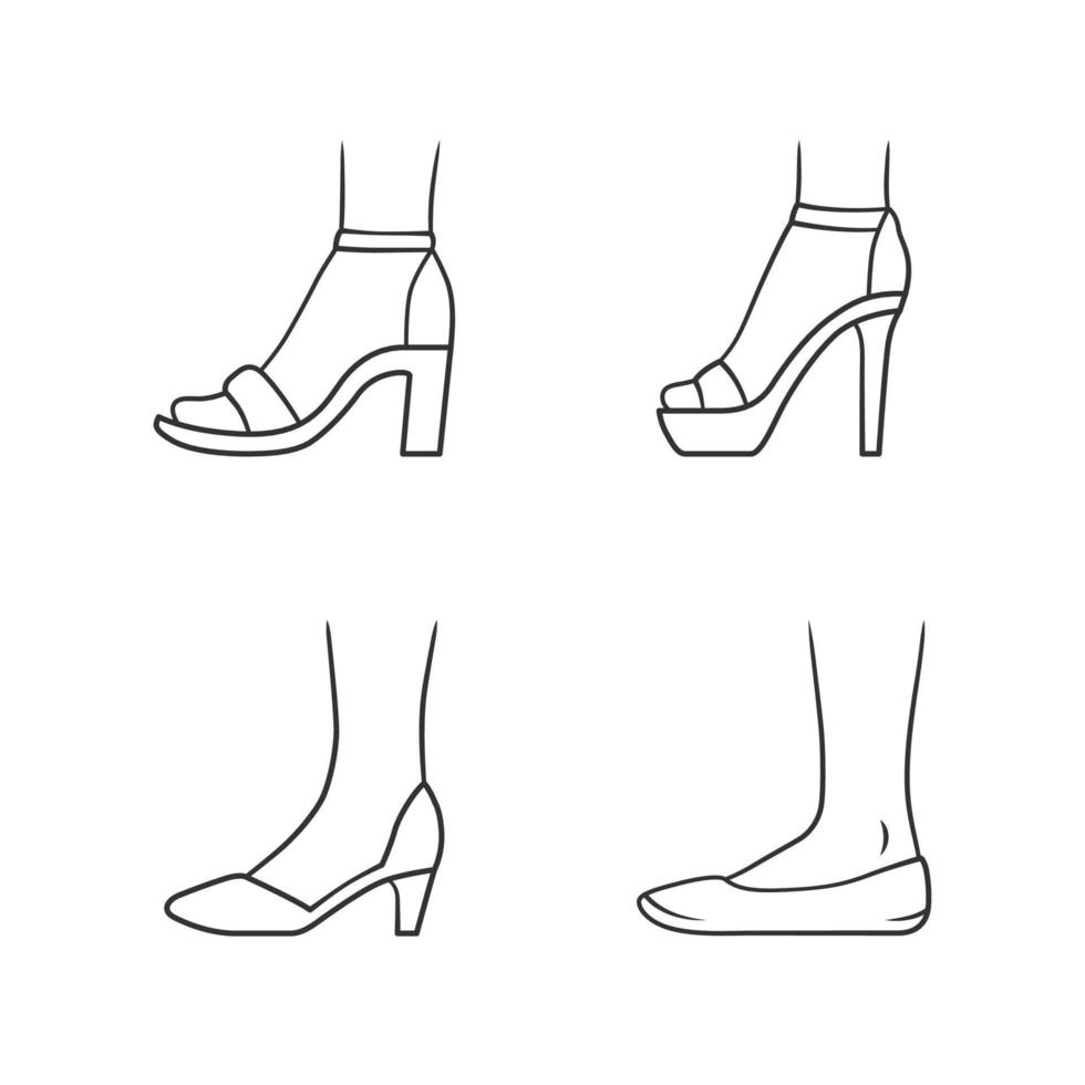 Women formal shoes linear icons set. Female elegant high heels footwear. Classic pumps, ballerinas, sandals. Editable stroke. Thin line contour symbols. Isolated vector outline illustrations