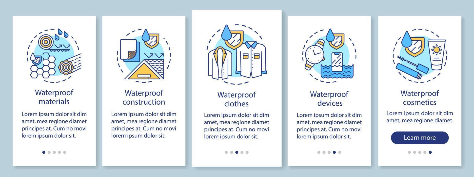 Waterproof materials onboarding mobile app page screen with linear concepts. Moisture resistant devices walkthrough steps graphic instructions. UX, UI, GUI vector template with illustrations..