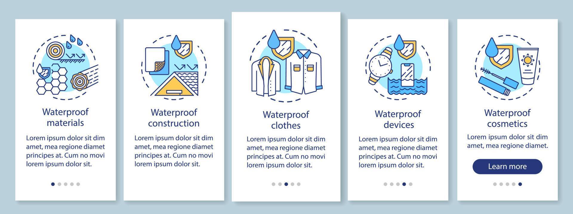 materiales impermeables que incorporan la pantalla de la página de la aplicación móvil con conceptos lineales. Dispositivos resistentes a la humedad paso a paso instrucciones gráficas. ux, ui, plantilla de vector gui con ilustraciones..