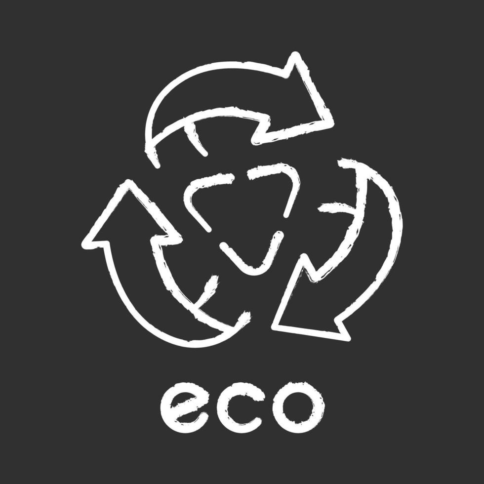 Eco label chalk icon. Three rounded arrow signs with triangle in center. Recycle symbol. Environmental protection sticker. Eco friendly chemical. Organic cosmetics. Isolated chalkboard illustration vector