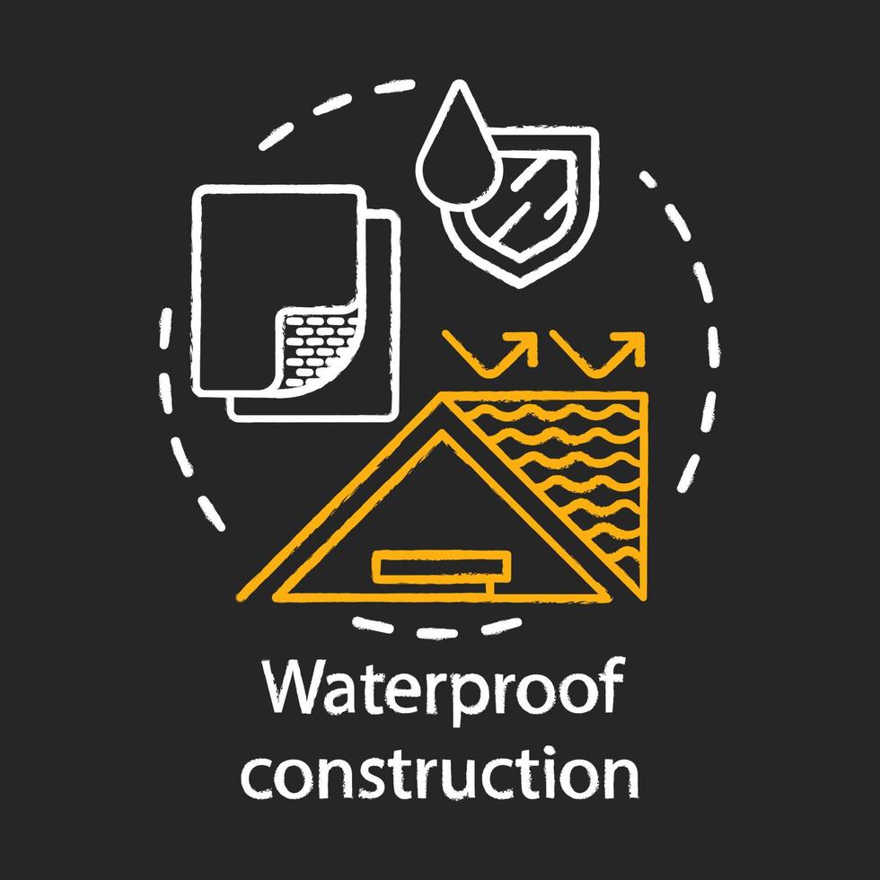 Waterproof construction chalk concept icon. Water resistant building materials idea. Hydrophobic coating, covering substances for roof moisture protection. Vector isolated chalkboard illustration..