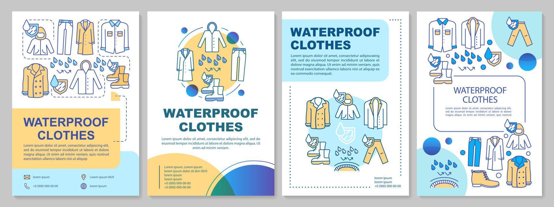 Waterproof clothes brochure template layout. Flyer, booklet, leaflet print design with linear illustrations. Hydrophobic textile. Vector page layouts for magazines, annual reports, advertising posters