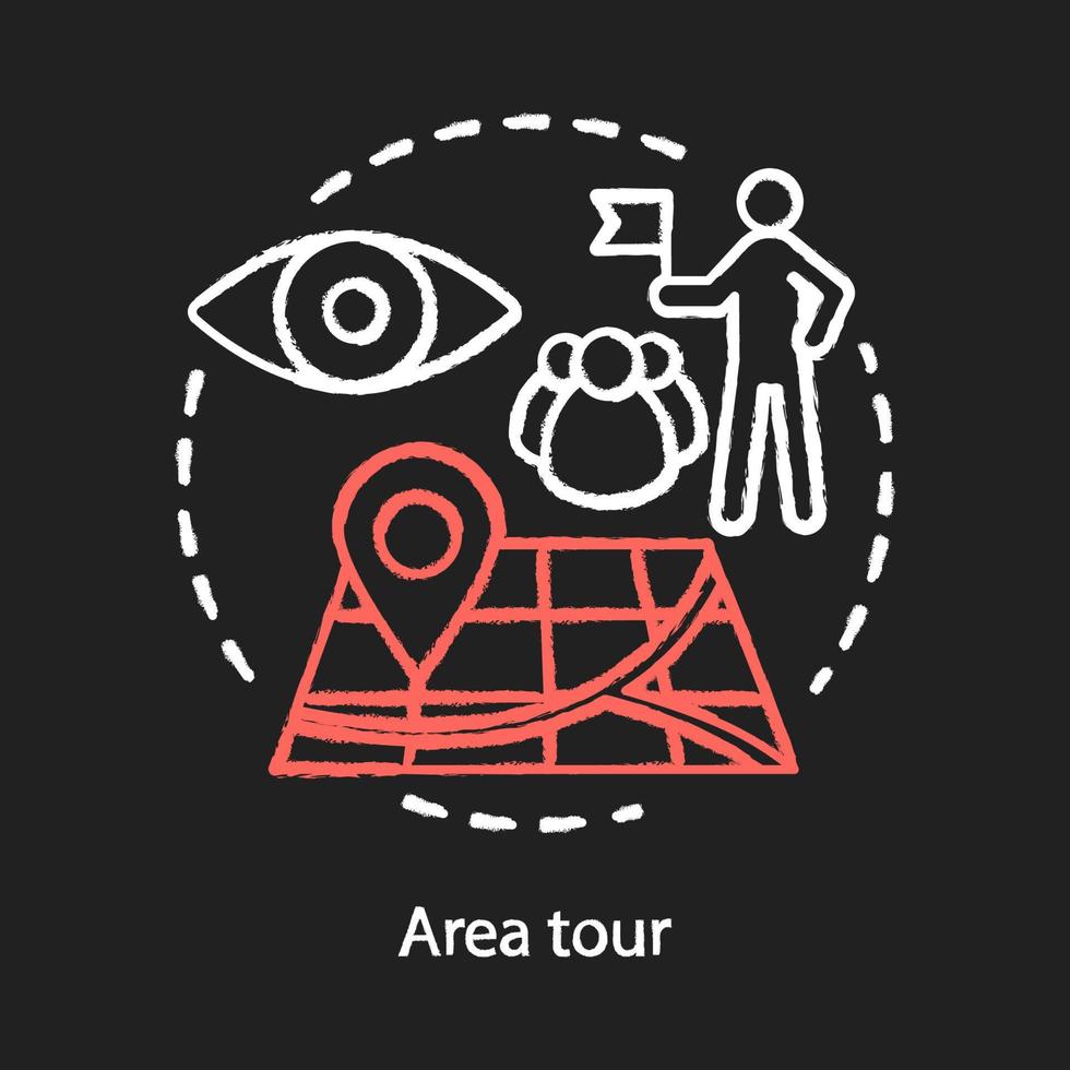 Area tour chalk concept icon. Tourism, visiting sights, landmarks idea. Guide leading tourists group, showing attractions. Finding location on map. Vector isolated chalkboard illustration..