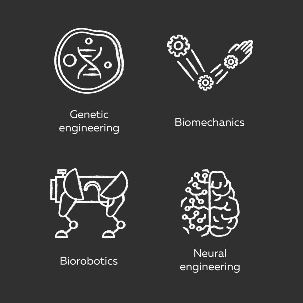 Bioengineering chalk icons set. Changing and creating organisms. Genetic engineering, biomechanics, biorobotics, neural engineering. Biotechnology. Isolated vector chalkboard illustrations