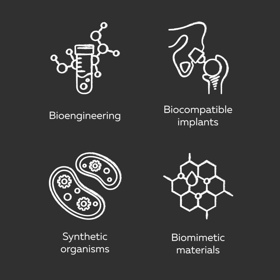 conjunto de iconos de tiza de bioingeniería. biotecnología para la salud, investigación evolutiva, creación de nuevos materiales. bioquímica, gmo, implantación. Ilustraciones de vector pizarra