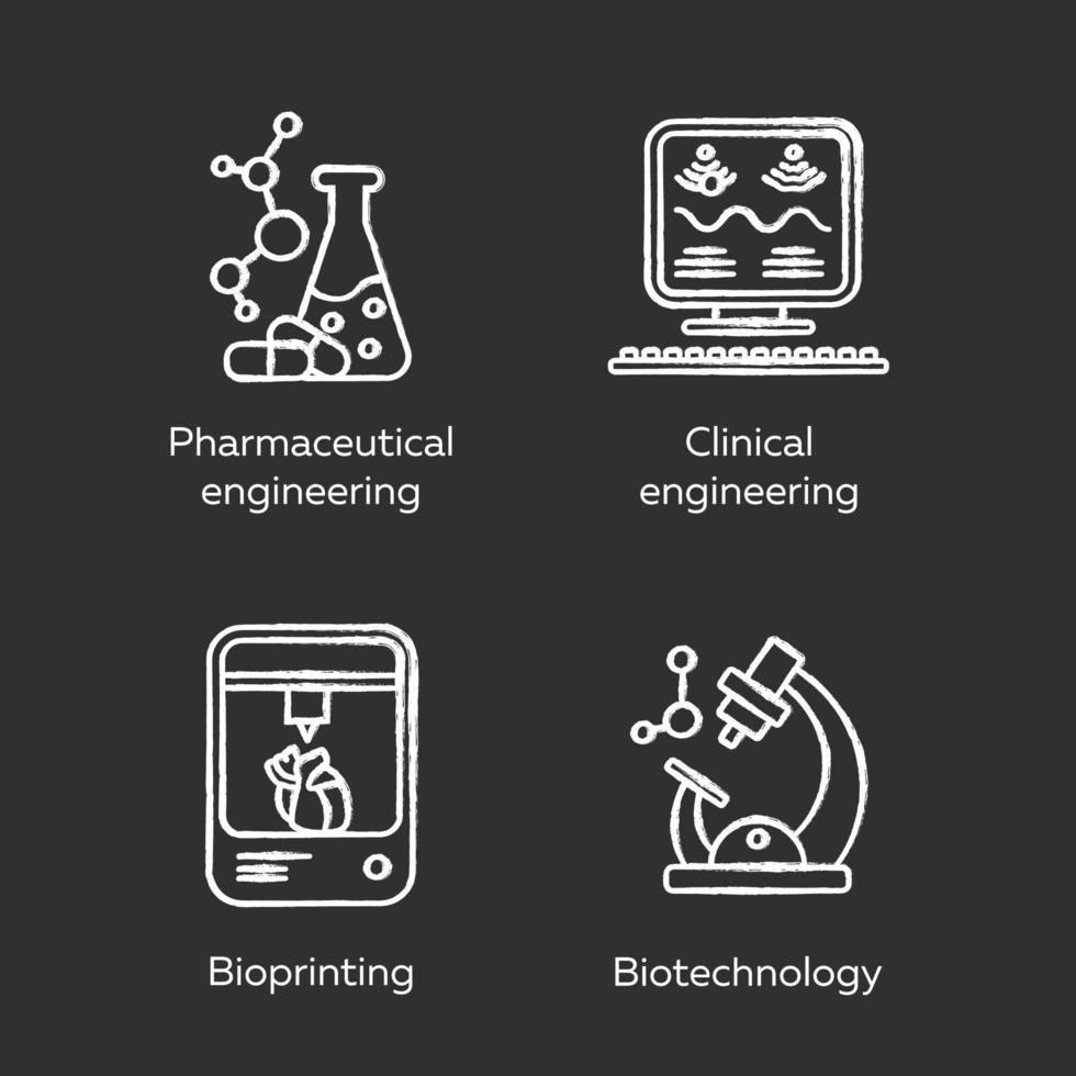 Bioengineering chalk icons set. Medical technologies research and diseases treatment. Pharmaceutical and clinical engineering, bioprinting, biotechnology. Isolated vector chalkboard illustrations