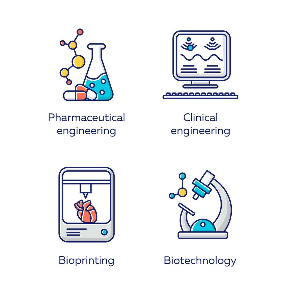 Bioengineering color icons set. Medical technologies research and diseases treatment. Pharmaceutical and clinical engineering, bioprinting, biotechnology. Isolated vector illustrations