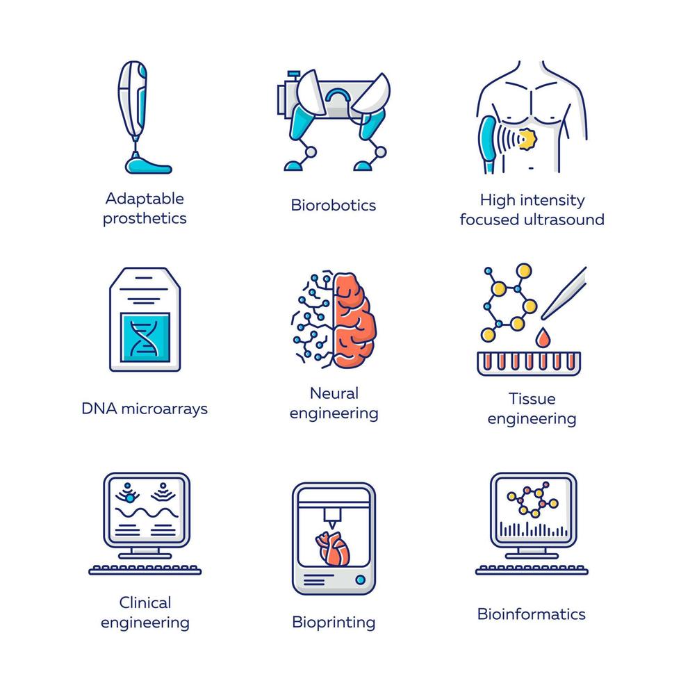 Bioengineering color icons set. Biotechnology for human health and comfortable life. Molecular biology, biomedical and molecular engineering, bioinformatics. Isolated vector illustrations