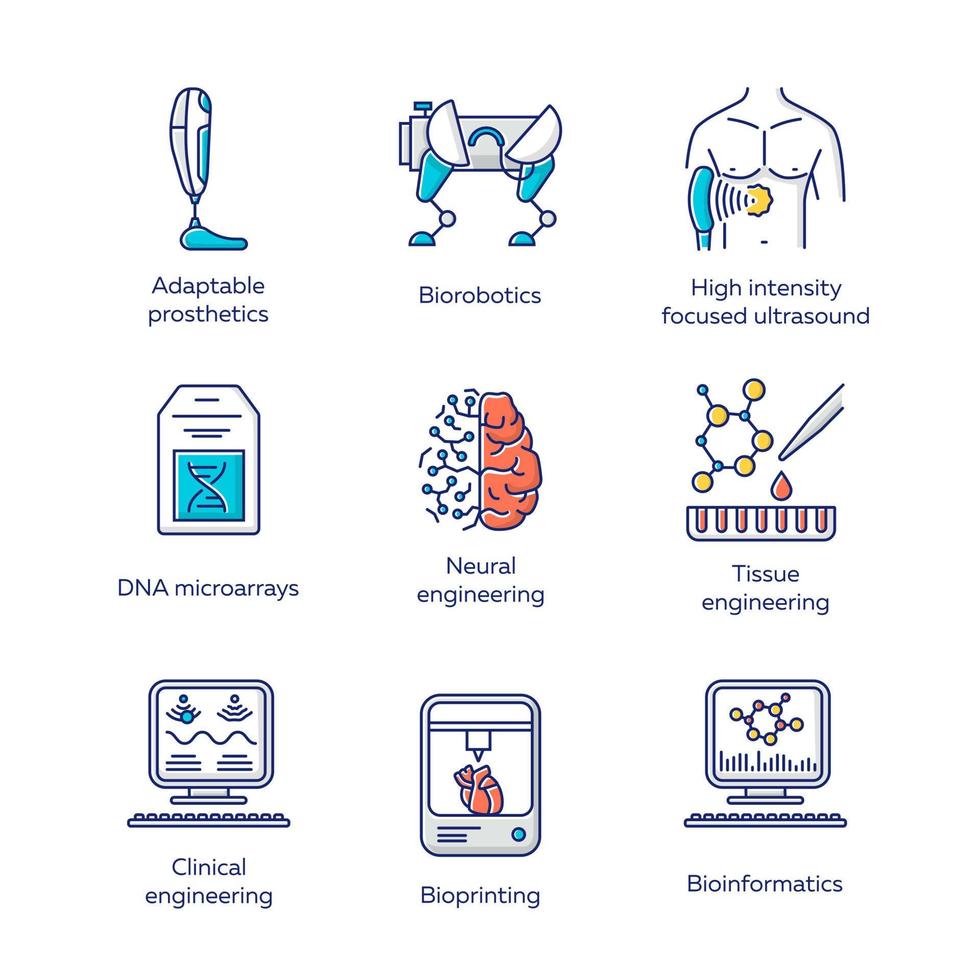 conjunto de iconos de colores de bioingeniería. biotecnología para la salud humana y una vida cómoda. biología molecular, ingeniería biomédica y molecular, bioinformática. ilustraciones de vectores aislados