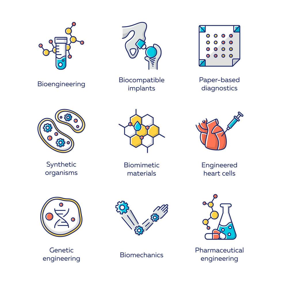 Bioengineering color icons set. Biotechnology for health, evolutionary researching, new materials creating. Molecular biology, biomedical and molecular engineering. Isolated vector illustrations