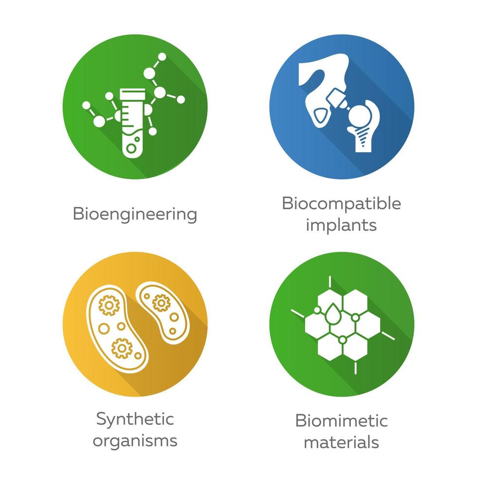 Bioengineering flat design long shadow glyph icons set. Biotechnology for health, evolutionary researching, new materials creating. Biochemistry, GMO, implantation. Vector silhouette illustration