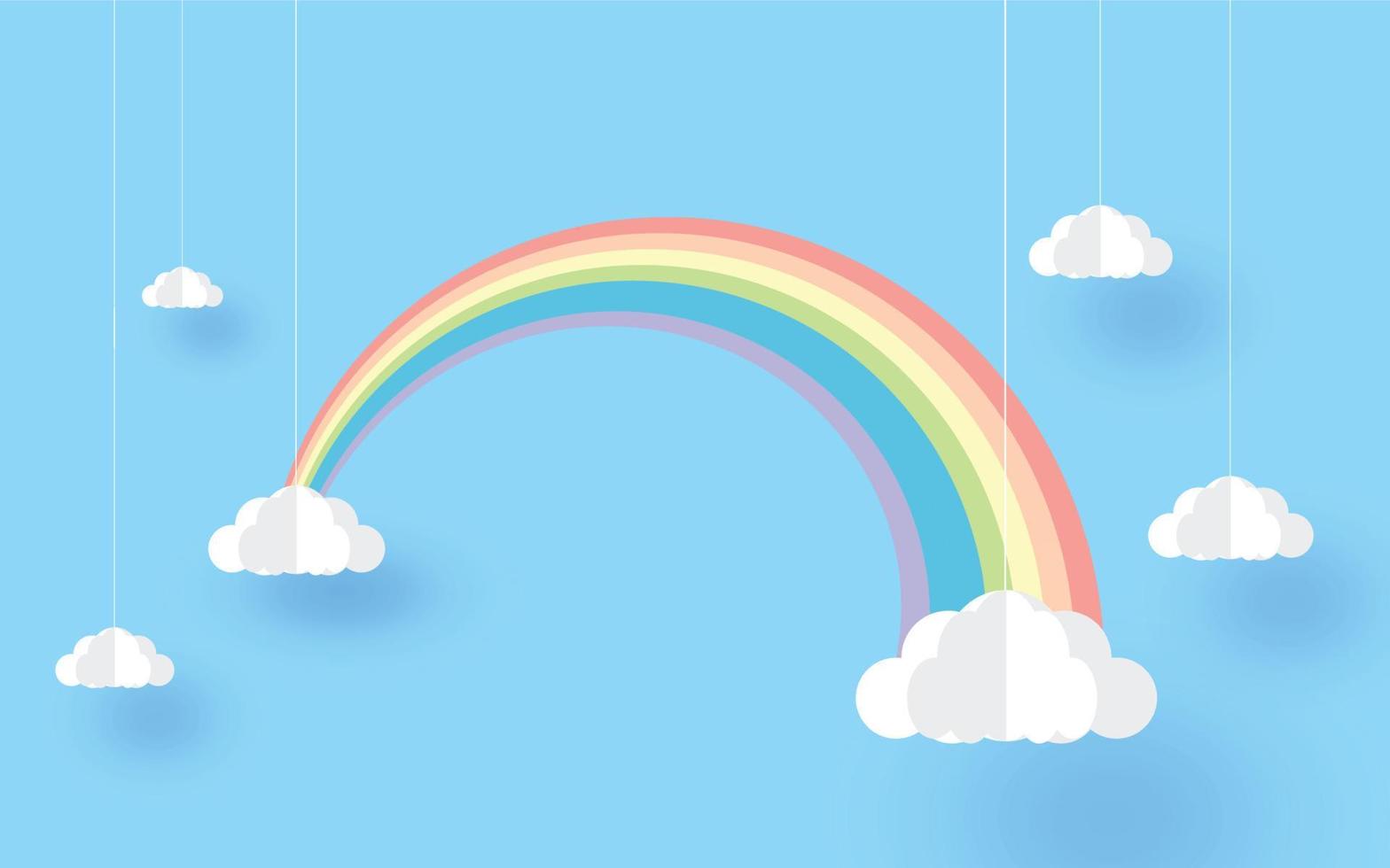 Rainbow and clouds in the sky , paper art style,  wallpaper design. vector