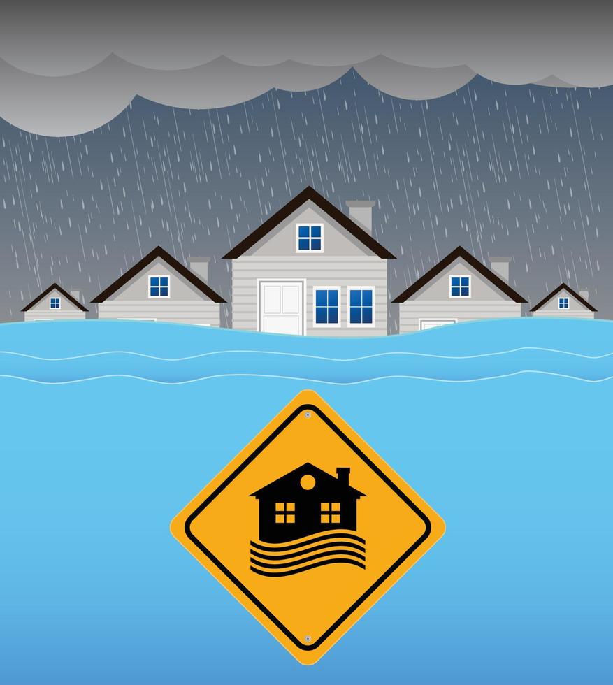 Flood natural disaster with house, heavy rain and storm , damage with home, flooding water in city vector