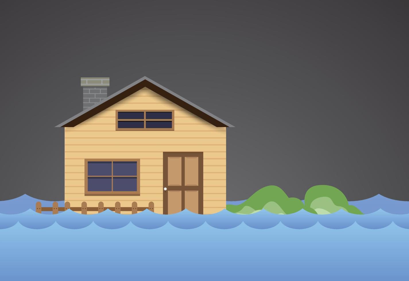 Flood natural disaster with house, heavy rain and storm , damage with home, clouds and rain, flooding water in city, Flooded house. vector