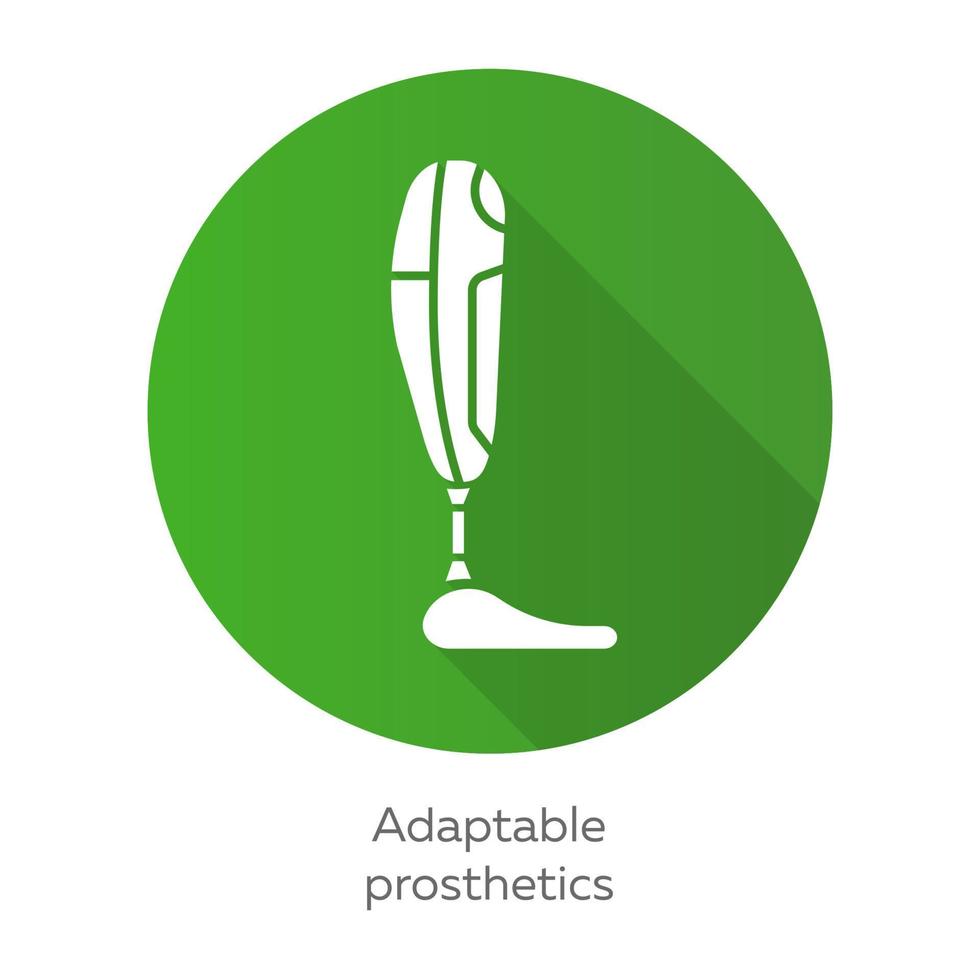 Adaptable prosthetics green flat design long shadow glyph icon. Body part replacing. Mechanical artificial limb. Bionic foot. Bioengineering. Adaptable prosthetics. Vector silhouette illustration