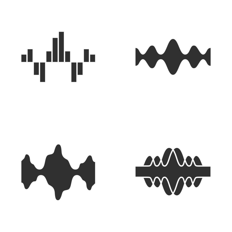 Sound waves glyph icons set. Silhouette symbols. Audio, music, radio signal waves. Vibration, synergy, motion lines. Digital curve soundwaves frequency. Voice recording. Vector isolated illustration