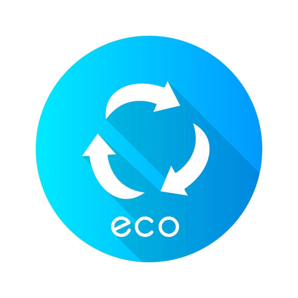 icono de glifo de sombra larga de diseño plano azul de etiqueta ecológica. tres signos de flecha curva. símbolo de reciclaje. energía alternativa. etiqueta de protección del medio ambiente. cosméticos orgánicos. ilustración de silueta vectorial vector