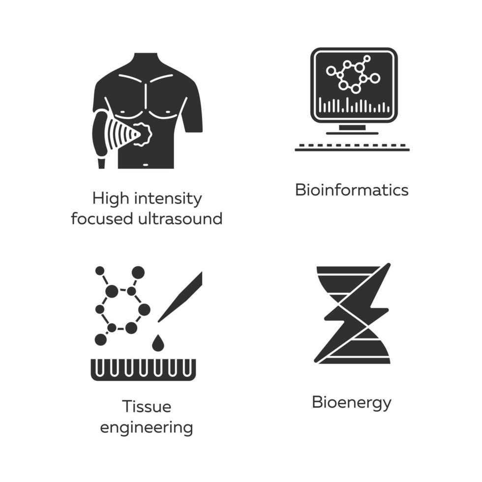 conjunto de iconos de glifo de biotecnología. bioingeniería hifu, bioinformática, ingeniería de tejidos, bioenergía. tecnologías para el estudio y el tratamiento. símbolos de silueta. ilustración vectorial aislada vector