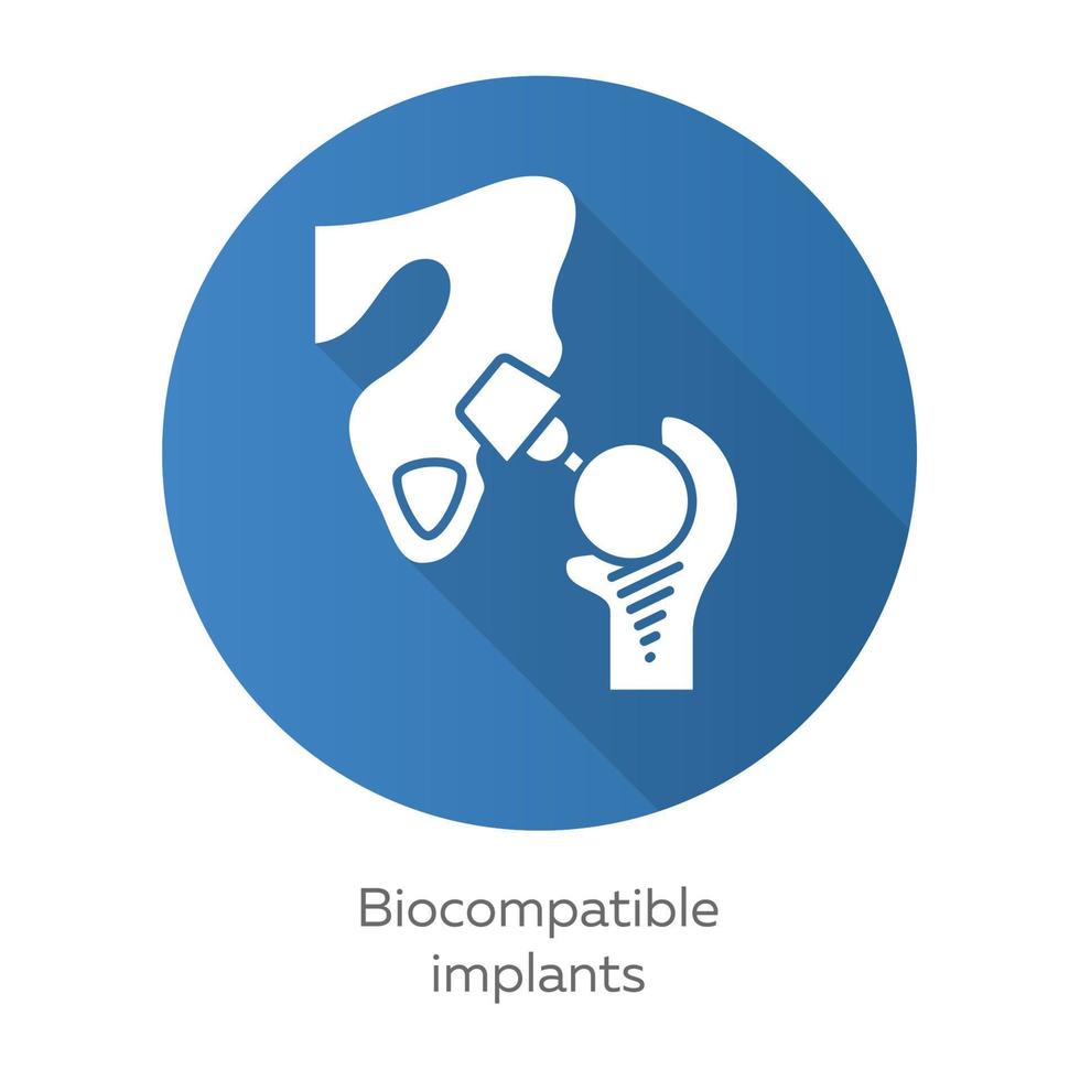 Biocompatible implants blue flat design long shadow glyph icon. Compatible with living tissue material. Artificial joint. Biological structure replace. Bioengineering. Vector silhouette illustration