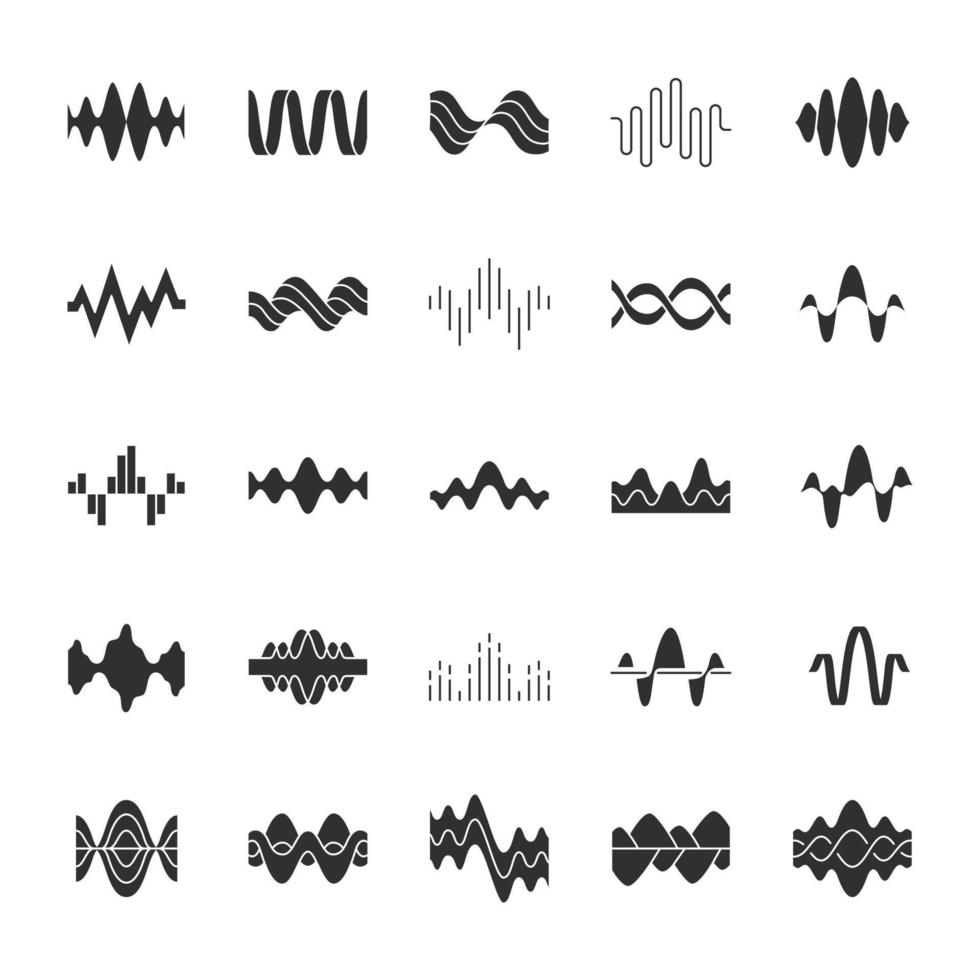 Sound and audio waves glyph icons set. Silhouette symbols. Music digital curve soundwaves. Voice recording, radio signals, wavy lines. Vibration, noise amplitudes level. Vector isolated illustration